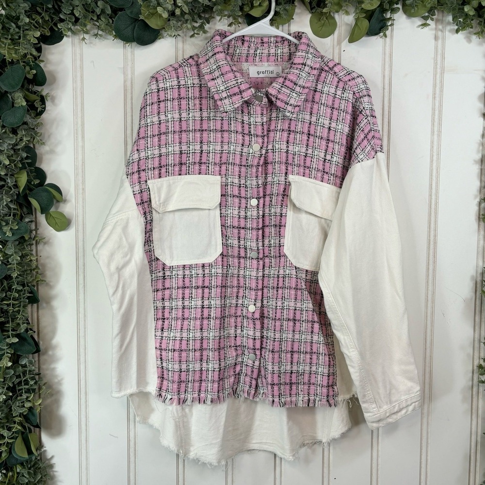 Graffiti White Denim Shacket‎ LARGE Tweed Plaid Oversized Fall Casual Preppy